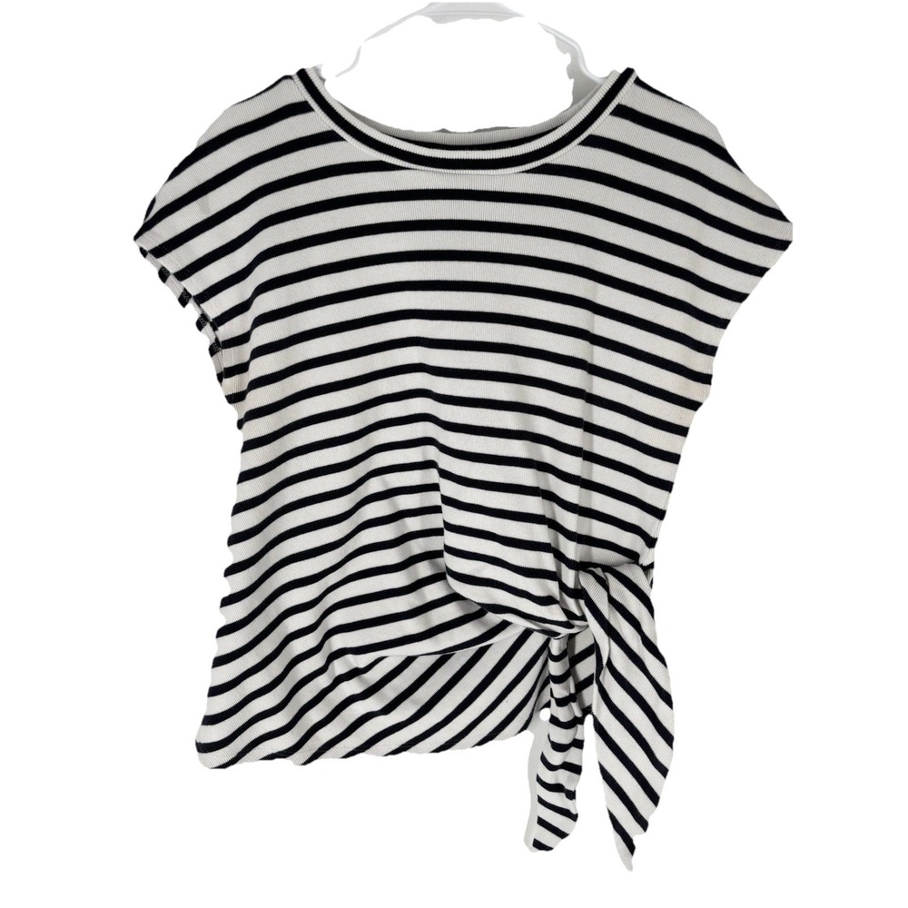 Ann Taylor Weekend Nautical Navy White Stripe Side Tie Cotton Top Sz L Fisherman